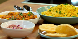 The Gangotra’s chicken and butter bean curry with spice cous cous and pickled onion on The Big F ...