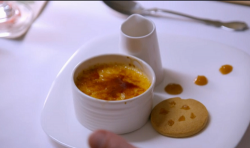 Jennie and Will’s creme brulee with rhubarb puree and ginger shortbread dessert on My Kitc ...