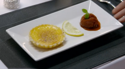 Sam and Neil’s amalfi lemon tart with strawberry and basil sorbet dessert on My Kitchen Rules