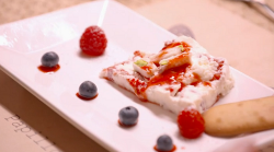 Jacqueline and Andrew’s raspberry nougat parfait with langes de chat biscuits on My Kitche ...