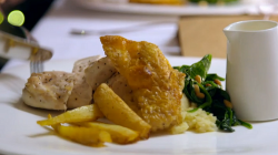 Jenni and Will’s roast chicken breast with celeriac mash and a spinach and cider sauce dis ...