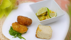 Nathalie and Jade’s spicy smoked fish bouillabaisse with Guyanese cod fish cakes starter o ...