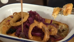 James Strawbridge toad in the hole with red cabbage and roast potatoes on The Hungry Sailors