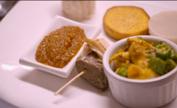 Celia and Dave Nigerian stew with seafood and okra with yam and sweet potatoes on My Kitchen Rules