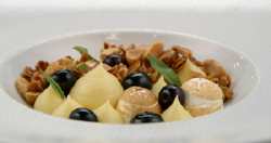 Brett’s lemon curd and Italian meringue with blueberries dessert on MasterChef: The Profes ...