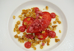 Leo’s buttermilk panna cotta with strawberry sorbet dessert on MasterChef: The Professiona ...