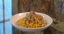 Theo Randall’s  tagliatelle pasta with shrimp and artichoke dish on Saturday Kitchen