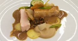 Louisa’s poached chicken breast with a chicken sauce made from mushrooms, bacon, lemon and ...