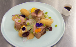 Will’s pork loin with apple and cider sauce on MasterChef: The Professionals