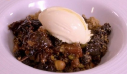 Paul Ainsworth Christmas pudding crumble with armagnac soaked prunes and apples dessert on Satur ...