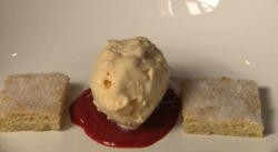 Dick’s papaya’s clotted cream ice cream with chilli and lime shortbread and raspberr ...