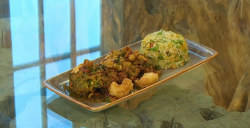 Cyrus Todiwala crab fritters with deep fried langoustine tails, egg fried rice and a cashew and  ...