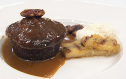 Jess Gardham’s banana sticky toffee pudding with pecans and a toffee sauce and vanilla whi ...