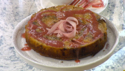 Tim Maddams allspice upside down cake with forced rhubarb on Sunday Brunch