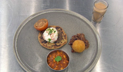 Nisha’s bacon jam with sausage and black pudding stuffed paratha, red chilli and coriander poach ...