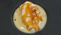 David’s floating island  with poached meringue, caramel and almonds dessert on Masterchef 2018