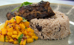 Nisha’s Jamaican jerk chicken with coconut rice and peas, and a mango salsa dish on Master ...