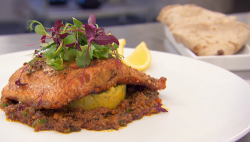 Moonira Masterchef’s pan fried sea trout with mustard and turmeric potatoes, spicy tomato  ...