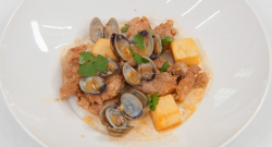 Alex’s Masterchef pork with clams and chips dish