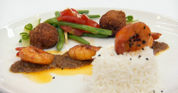 Sweta Masterchef  Assamese prawn curry with ghee rice, fritters, green beans and a chilli lime d ...