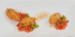 Alex’s Masterchef salt cod fritters with a tomato and broad bean salsa dish