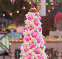 Jamie Laing strawberry and white chocolate Eton Mess meringue tower on The Great Celebrity Bake  ...