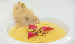 Sweta Masterchef tapioca kheer with saffron, cardamom and pistachio brittle dessert