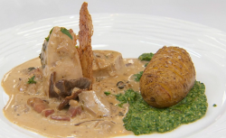 Chris’ tarragon chicken in mushroom sauce with hassleback potatoes on Masterchef 2018