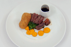 Kenny’s venison loin with croquette and beetroot and a juniper sauce on Masterchef 2018