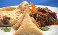 The Blue Team’s vegetarian aubergine and pepper curry with spinach and ricotta samosa and  ...