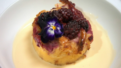 Red Team’s brioche bread and butter pudding with quince jam, lavender custard and blackber ...