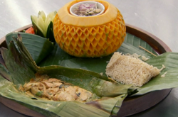 Nawamin’s banana leaf trout curry with rice and carved vegetables on Masterchef 2018