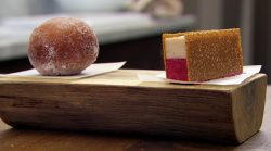 Nawamin’s damson jam doughnut with a ice cream sandwich dessert using Tommy Banks’ recipe  ...