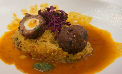 Moonira’s  Indian scotch eggs with rice and masala sauce recipe on Masterchef UK 2018