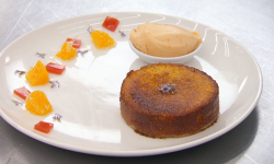 Simon’s orange, rosemary and polenta cake served with campari and orange gelato on Masterc ...