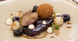 Kenny’s roasted pigeon breast with beetroot, turnips and bread sauce main course on Master ...