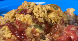 Brian Turner’s plum Crumble with pink custard on My Life on a Plate