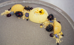 Moonira’s  saffron and vanilla panna cotta with lemon polenta cake on Masterchef 2018