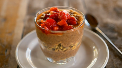 Haddy and Isatou’s baobab smoothie with chia seed, honey, granola and strawberry pudding o ...