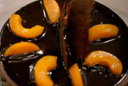 Tobi’s chocolate Charlotte with poached apricots and vanilla sorbet on Britain’s Bes ...