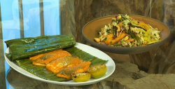 Freddy Forster sea bream in banana leaves with plantain salad on Saturday Kitchen