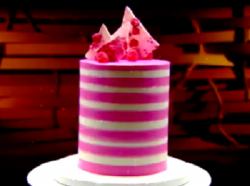 Katherine Sabbath birthday cake with pink swirls, tempered chocolate shards and freeze dried ras ...