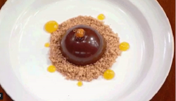 Sashi Cheliah’s chocolate mousse with passionfruit yuzu jelly and hazelnut crumble on Mast ...