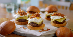 Nadiya Hussain beef burgers with turkey bacon jam and runny egg on  Nadiya’s Family Favourites