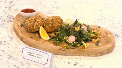 Adria Wu walnut crusted salmon cakes on Sunday Brunch