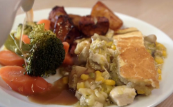 Josh and Martin’s  chicken leek and mushroom pie with deep fried potatoes on Celebrity Mas ...