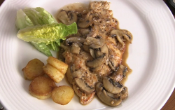 Rick Stein chicken with Marsala, mushrooms, salad and potatoes on Saturday Kitchen