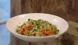 Sabrina Ghayour crab pasta with harissa, peas and preserved lemons on Saturday Kitchen