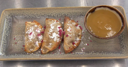 Josh Cuthbert toffee apple gyoza with caramel dipping sauce on Celebrity Masterchef 2018