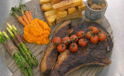 Aj’s rib eye steak with asparagus and brandy sauce on Celebrity Masterchef 2018